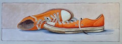"#1360" oil painting of orange low top converse sneakers with white background