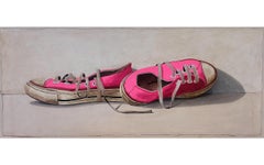 "#1361" oil painting of hot pink low top converse sneakers on white background