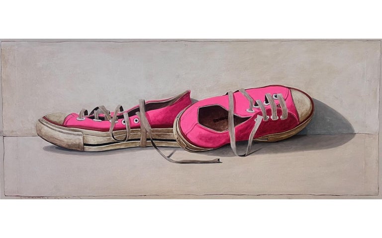 Santiago Garcia - "#1361" oil painting of hot pink low top converse  sneakers on white background For Sale at 1stDibs