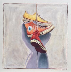 "#1401" oil painting of red, orange and yellow converse sneakers hanging 