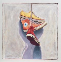 "#1401" oil painting of red, orange and yellow converse sneakers hanging