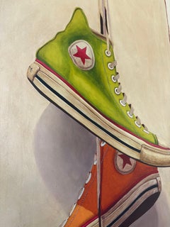 "#1411" acrylic painting of green & orange converse sneakers hanging by laces