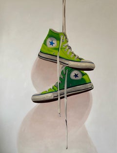 "#1427" oil on canvas painting of a pair of bright green Converse sneakers