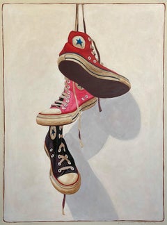 "#1484" Acrylic painting of red, pink and black High Top Converse hanging