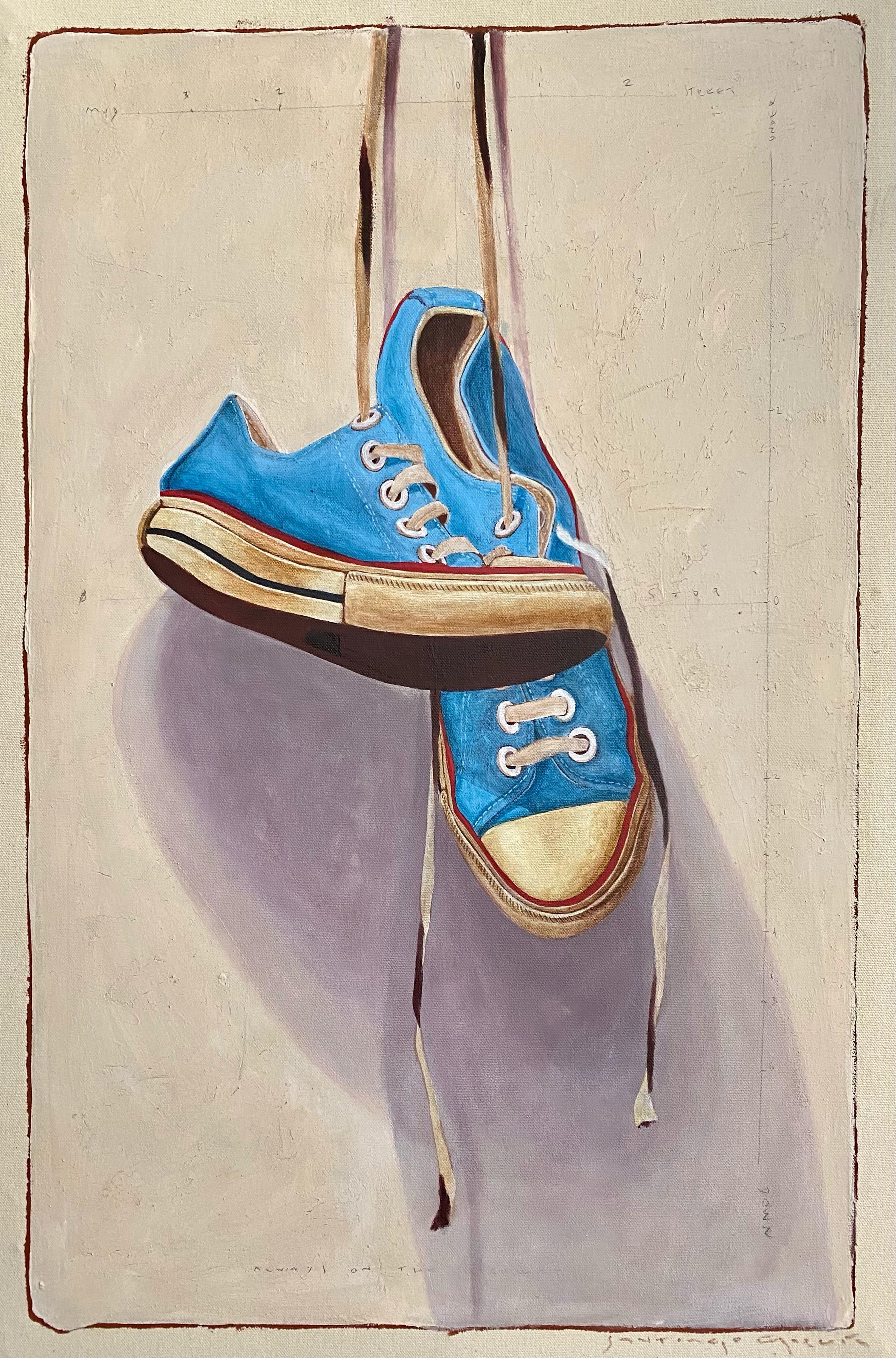 Santiago Garcia Figurative Painting - "#1485" Acrylic painting of blue Converse hanging with white background. 