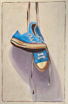 "#1485" Acrylic painting of blue Converse hanging with white background. 