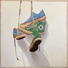 "#1486" Acrylic painting green and blue hightop Converse hanging with shadow