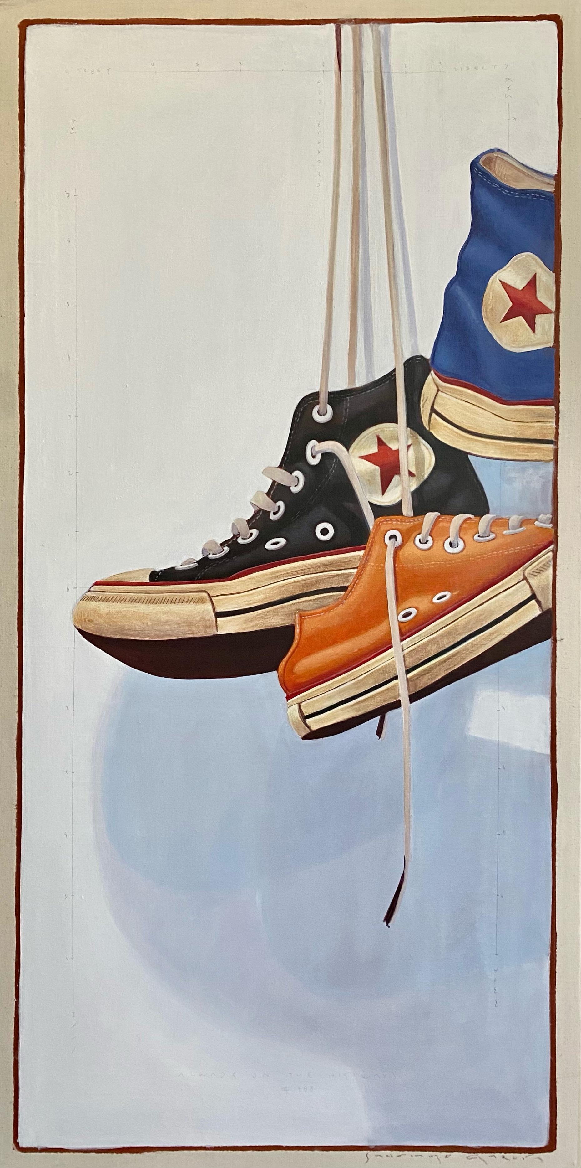 Santiago Garcia Figurative Painting - "#1488" Acrylic painting of red blue and black converse on a tall white canvas. 