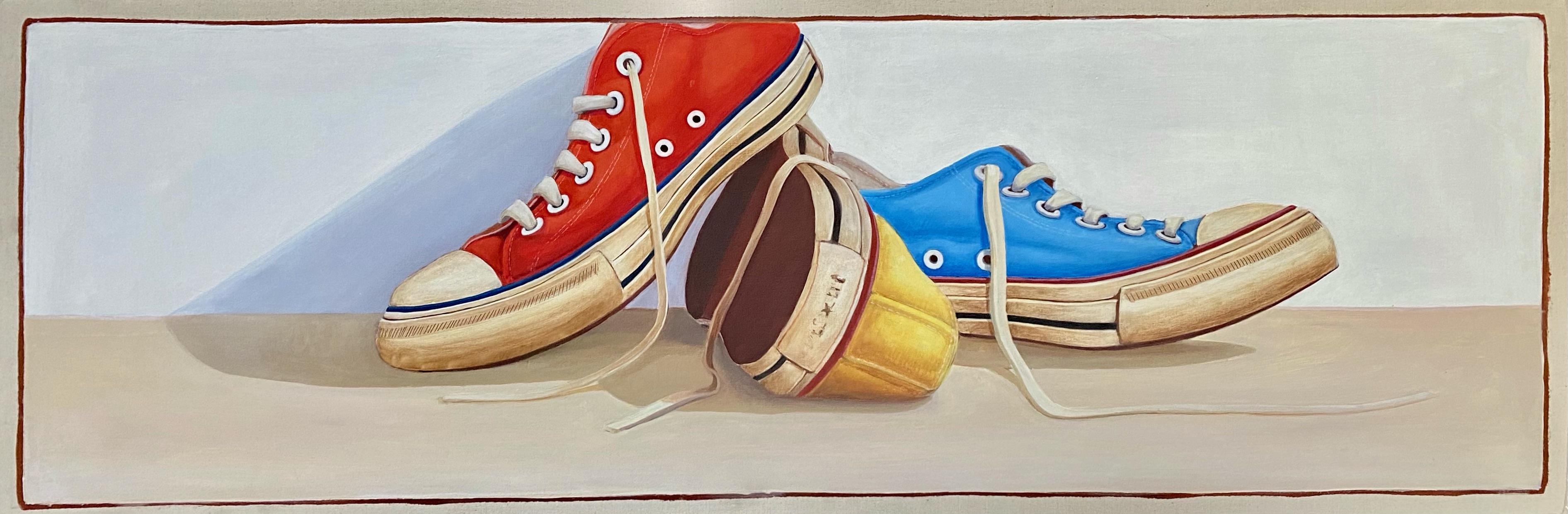 Santiago Garcia - "#1489" Acrylic painting of red yellow and blue converse  on a long white canvas. For Sale at 1stDibs