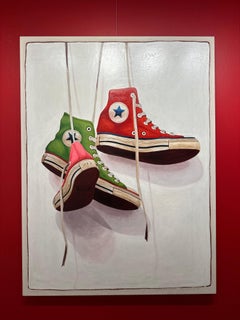 "1491" Pintura acrílica de converse verde rojo y rosa de estilos variados.