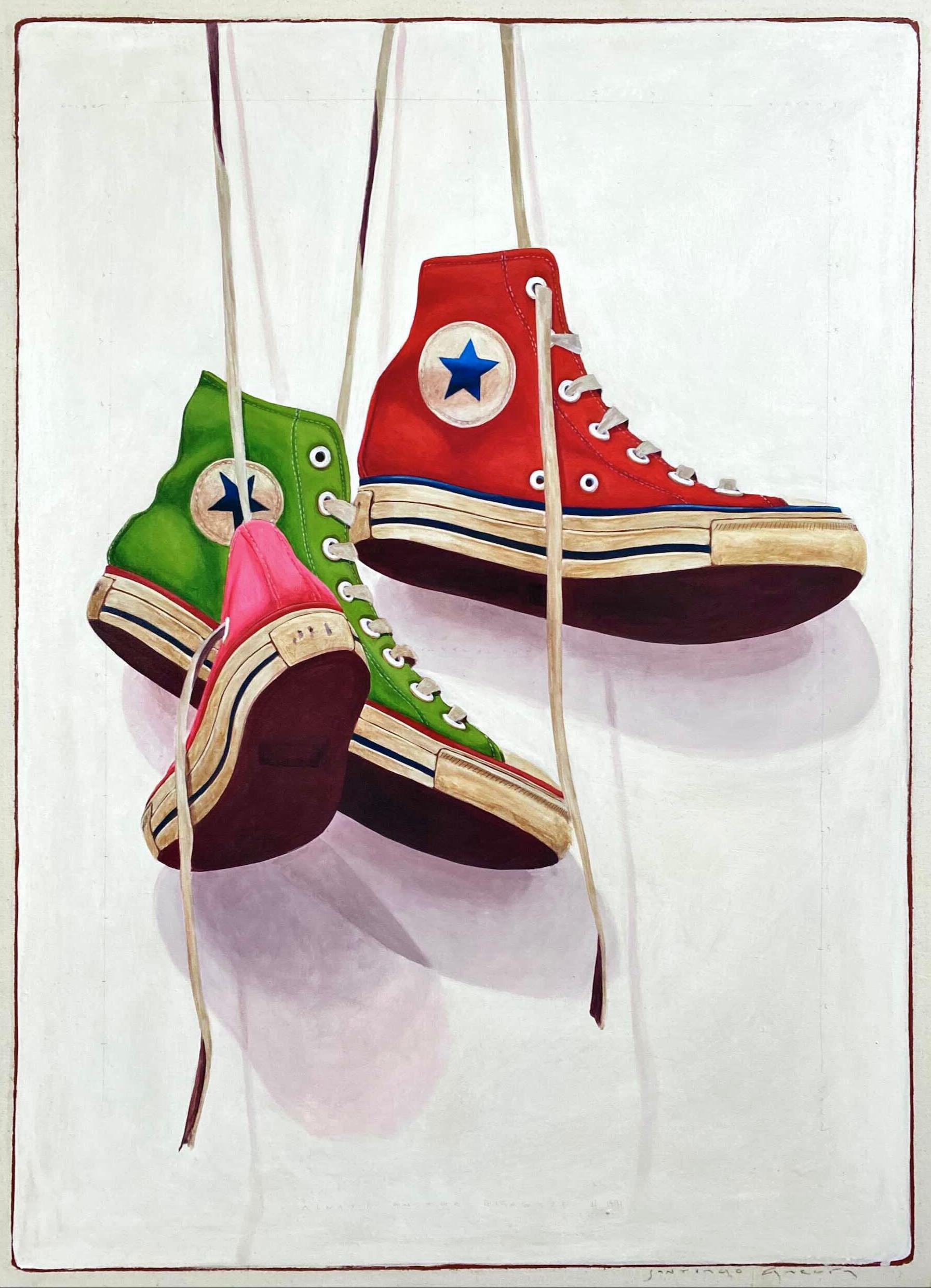 Santiago Garcia Figurative Painting - "1491" Acrylic painting of green red and pink converse of varying styles. 