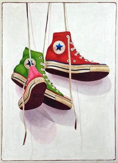 "1491" Acrylic painting of green red and pink converse of varying styles. 