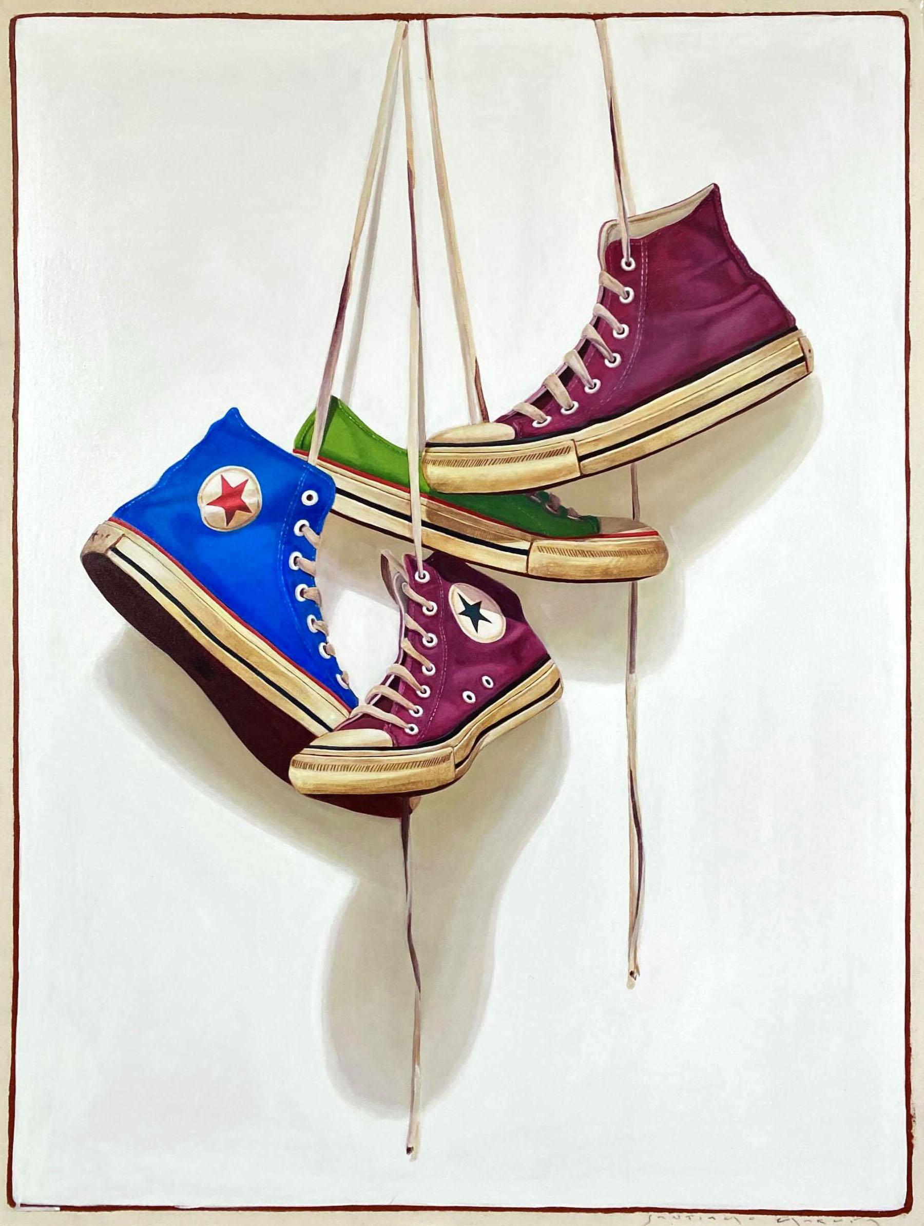 Santiago Garcia Figurative Painting - "#1500" Acrylic painting of purple, green, and blue converse. 
