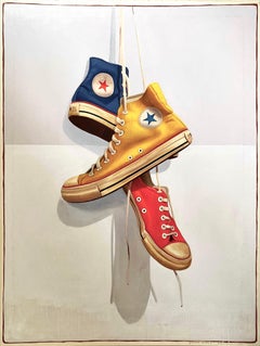 "#1501" Acrylic painting of red, yellow and navy blue converse sneakers hanging