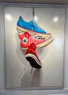 "#1502" Pintura acrílica de unas converse high top rojas rosas y azules sobre blanco.