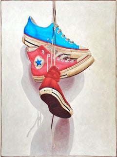 "#1502" Acrylic painting of red pink and blue high top converse on white. 