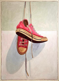 "#1504" photorealistic oil painting of pink converse sneakers