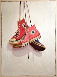 "#1505" photorealistic oil painting of red, pink, and blue converse sneakers