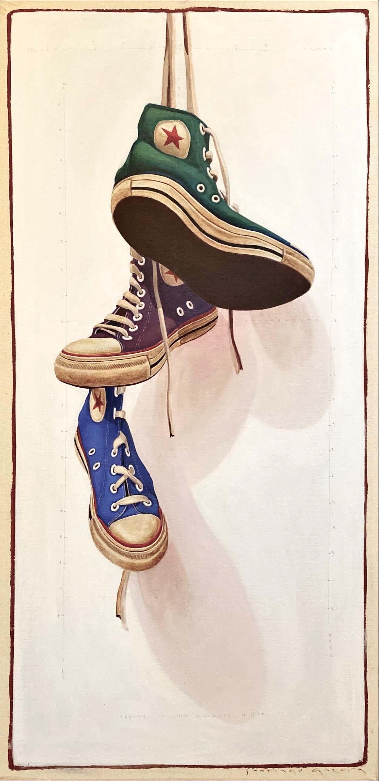Santiago Garcia Still-Life Painting - "#1507" photorealistic oil painting of green, purple, and blue converse sneakers