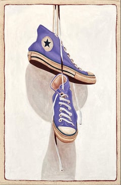 "#1509" photorealistic oil painting of purple converse sneakers hanging by laces