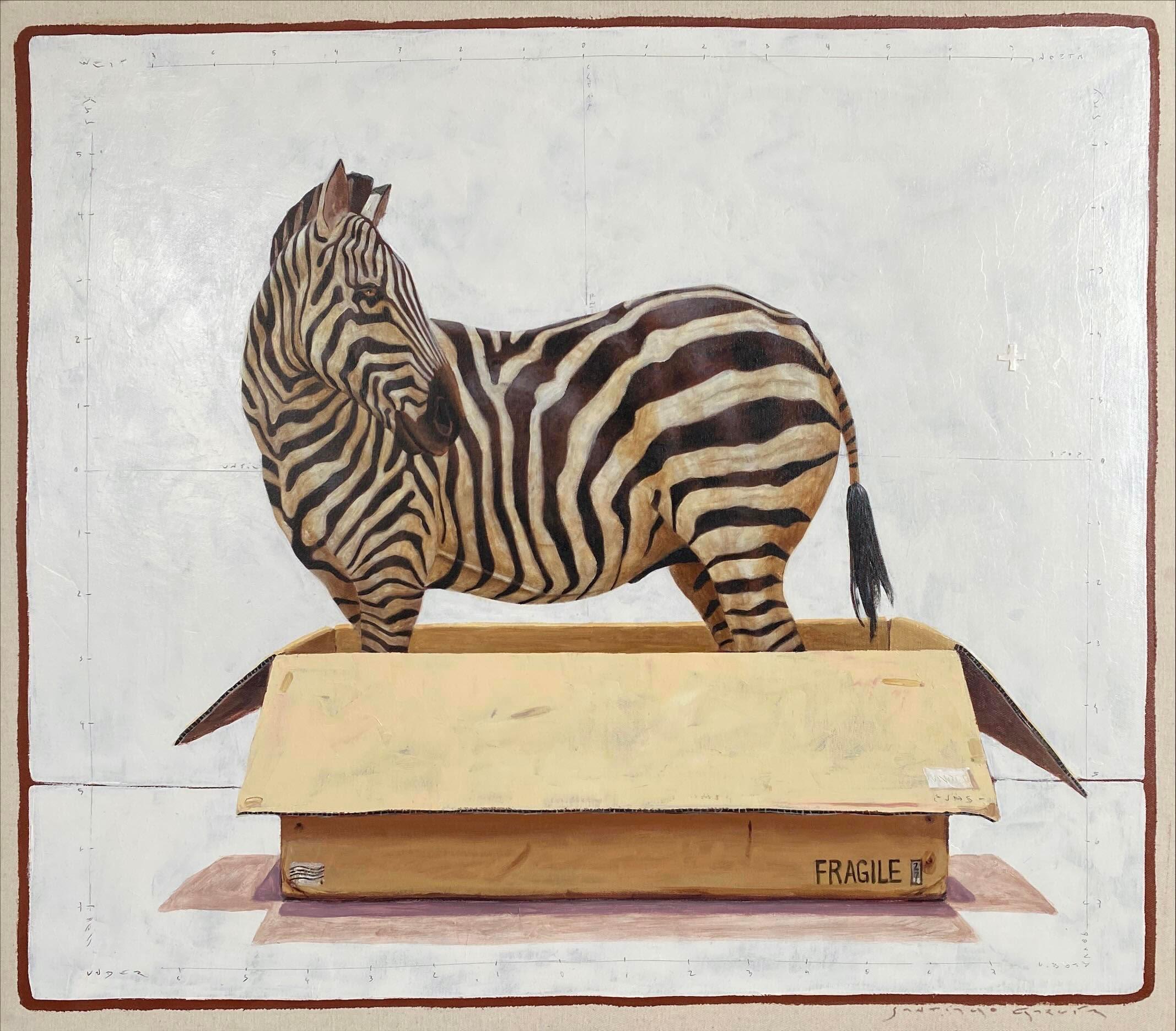 Santiago Garcia Animal Painting - "#1568" acrylic painting of a black and white zebra standing in a cardboard box