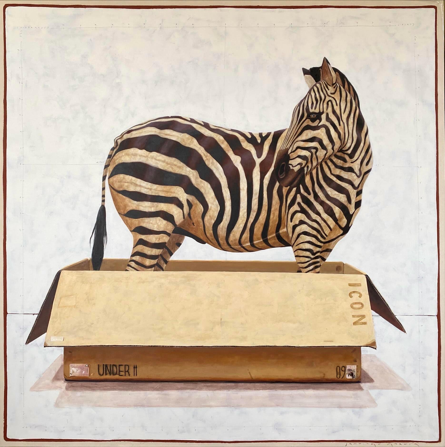 Santiago Garcia Animal Painting - "#1569" acrylic painting of a black and white zebra standing in a cardboard box