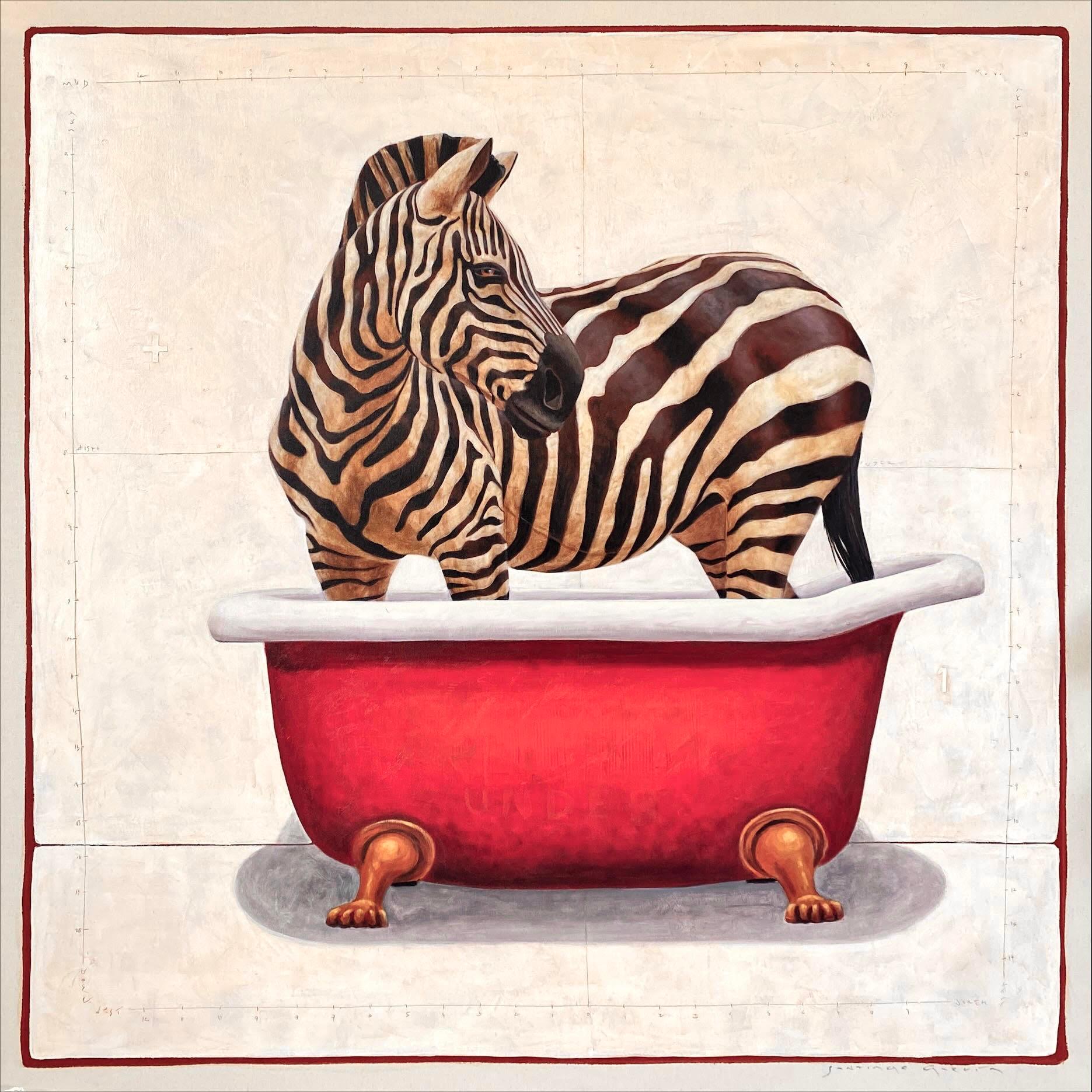 Santiago Garcia Animal Painting – „#1570“ Acrylgemälde eines schwarz-weißen Zebras, der in einem roten Badetuch steht, aus Acryl