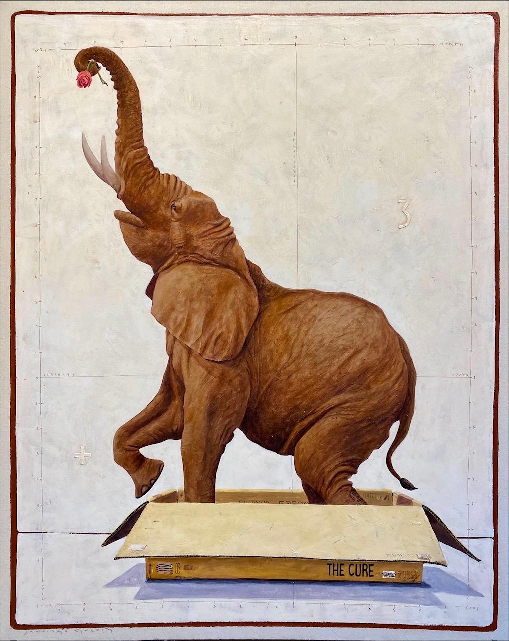 Santiago Garcia Figurative Painting - "#1584" playful elephant in a box with head raised, rose emerging from its trunk