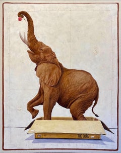 "#1584" elefante juguetón en una caja con la cabeza levantada, una rosa saliendo de su trompa