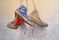 "#1612" detailed oil painting of red, blue, and white converse hanging by laces