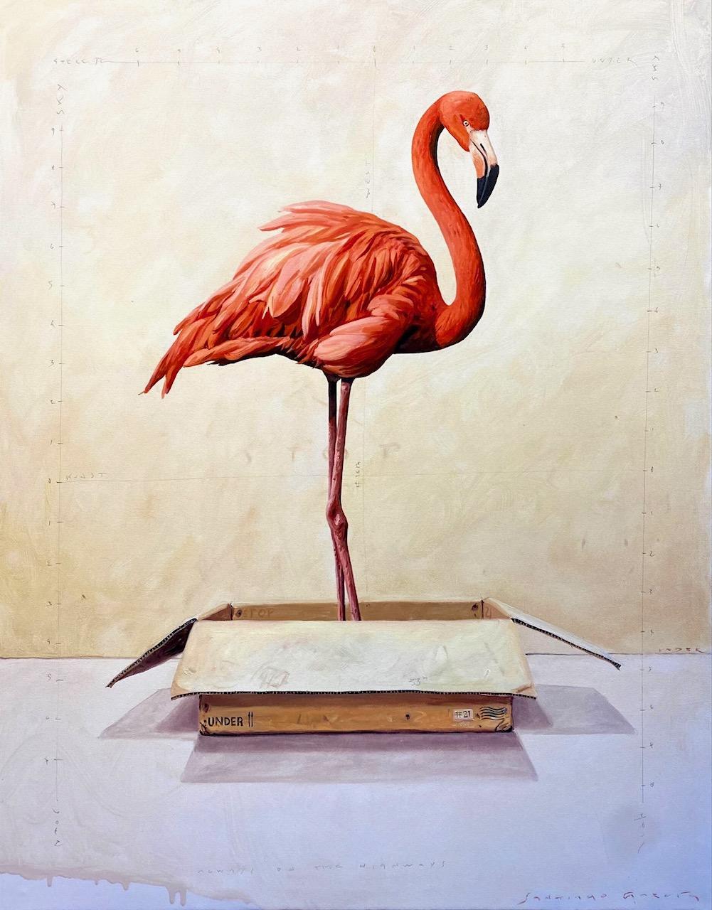 « n°1617 », un flamingo rose se dresse haut, provenant d'une boîte en carton