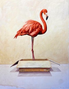 "#1617" un flamenco rosa de pie, sobresaliendo de una caja de cartón