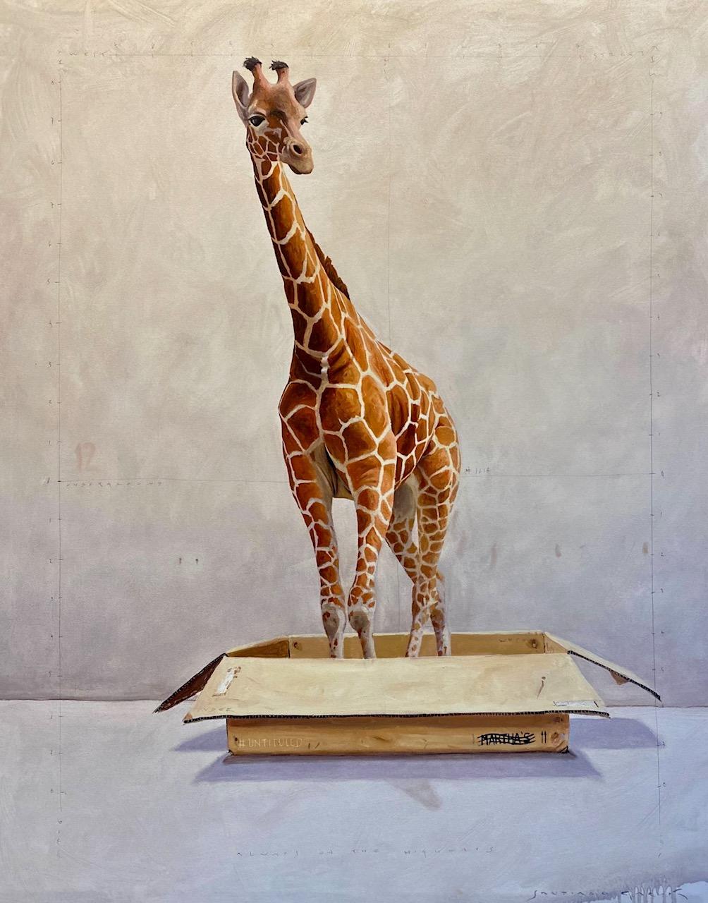 Santiago Garcia Figurative Painting – "#1618", ein junger Giraffen steht in einer Kartonschachtel, die Martha's