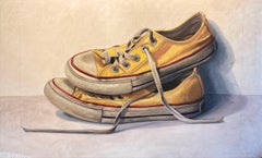 "#1623" horizontal painting of yellow converse, one stacked on top of the other