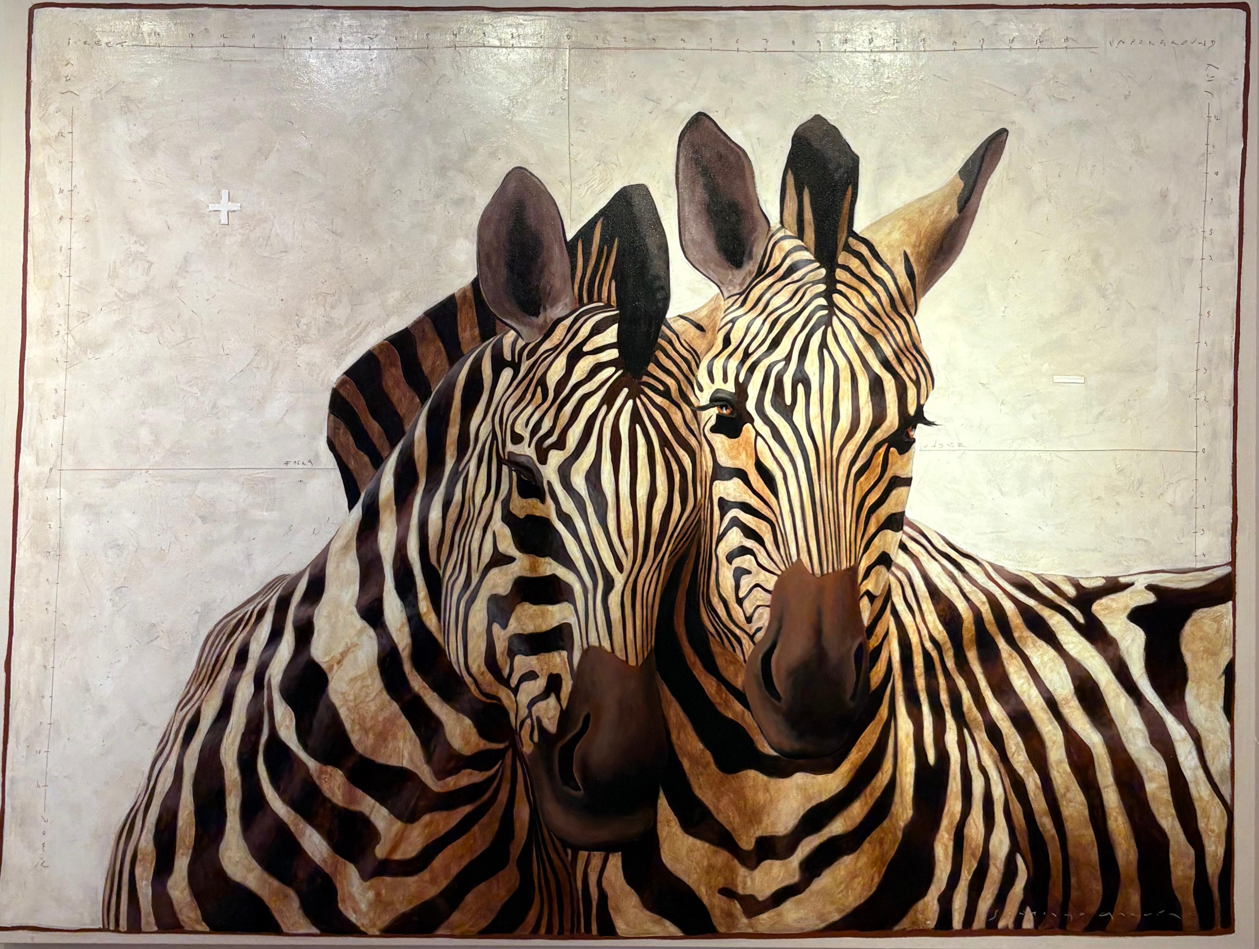 Still-Life Painting di Santiago Garcia - Le zebre "#1624" si trovano faccia a faccia e si confortano a vicenda.