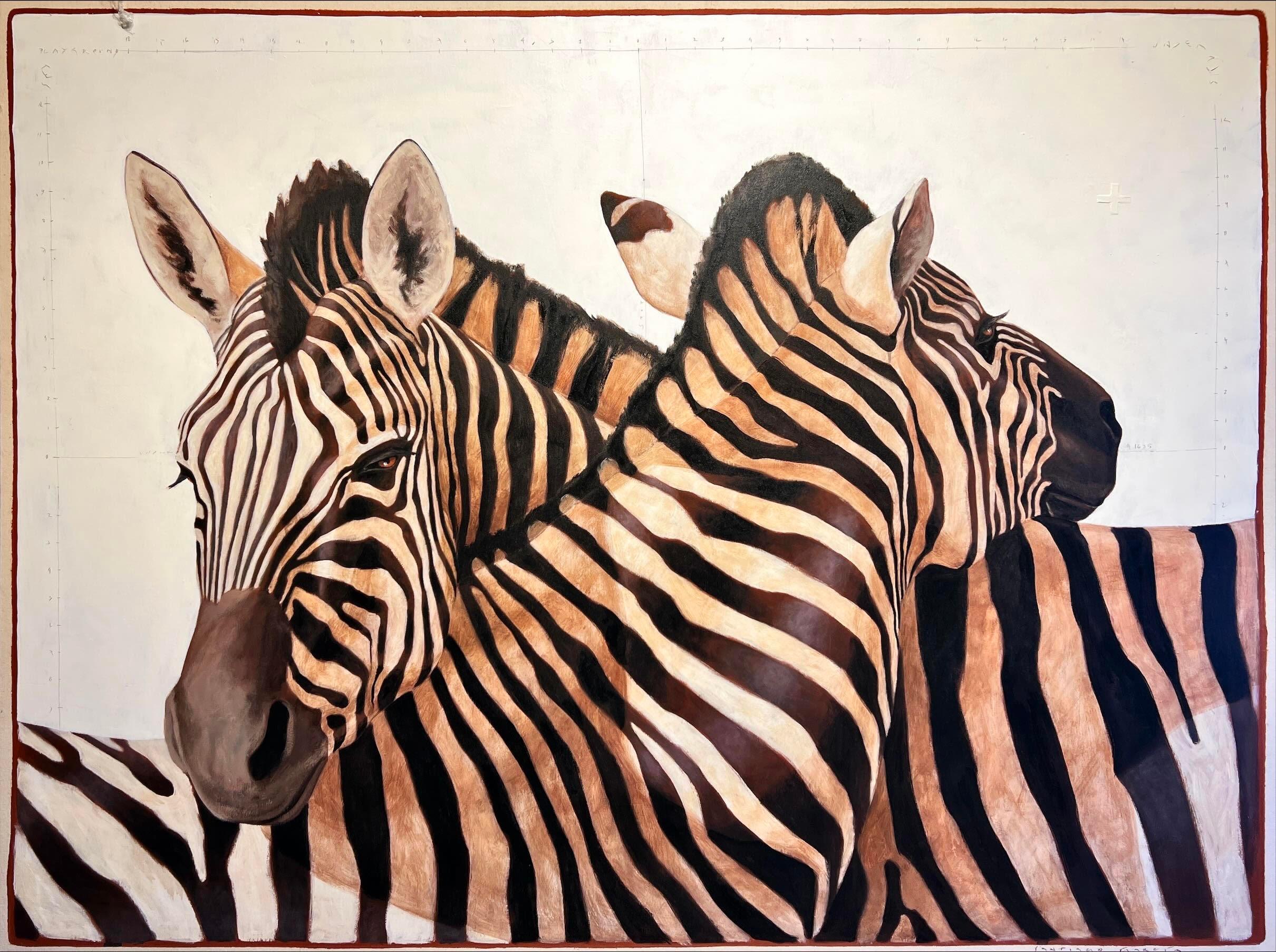 Animal Painting Santiago Garcia - "#1635" peinture photoréaliste neutre de deux zèbres