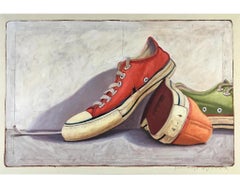 "#21" oil painting of red, orange and green converse low tops 