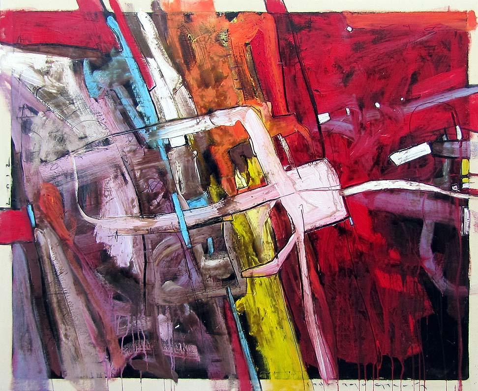 Santiago Garcia Abstract Painting - "#3" Abstract oil painting in vibrant red with yellow, orange, blue and purple