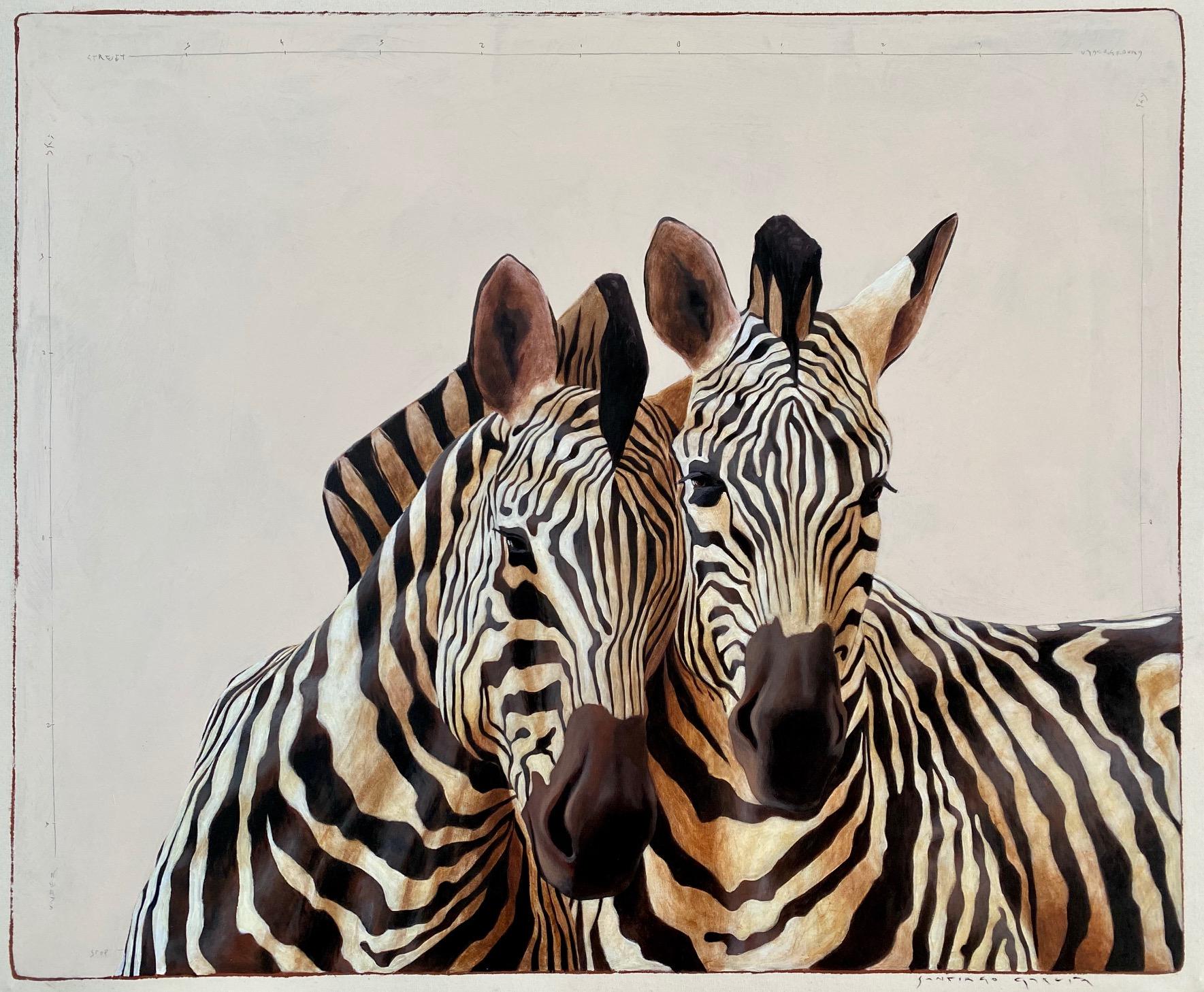 Santiago Garcia Animal Painting - "#509" black and white oil painting of two black and white zebras in front view