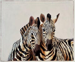 "#509" black and white oil painting of two black and white zebras in front view