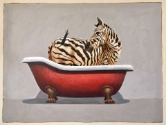 "#672" Oil painting of black and white zebra in a red bathtub on grey background