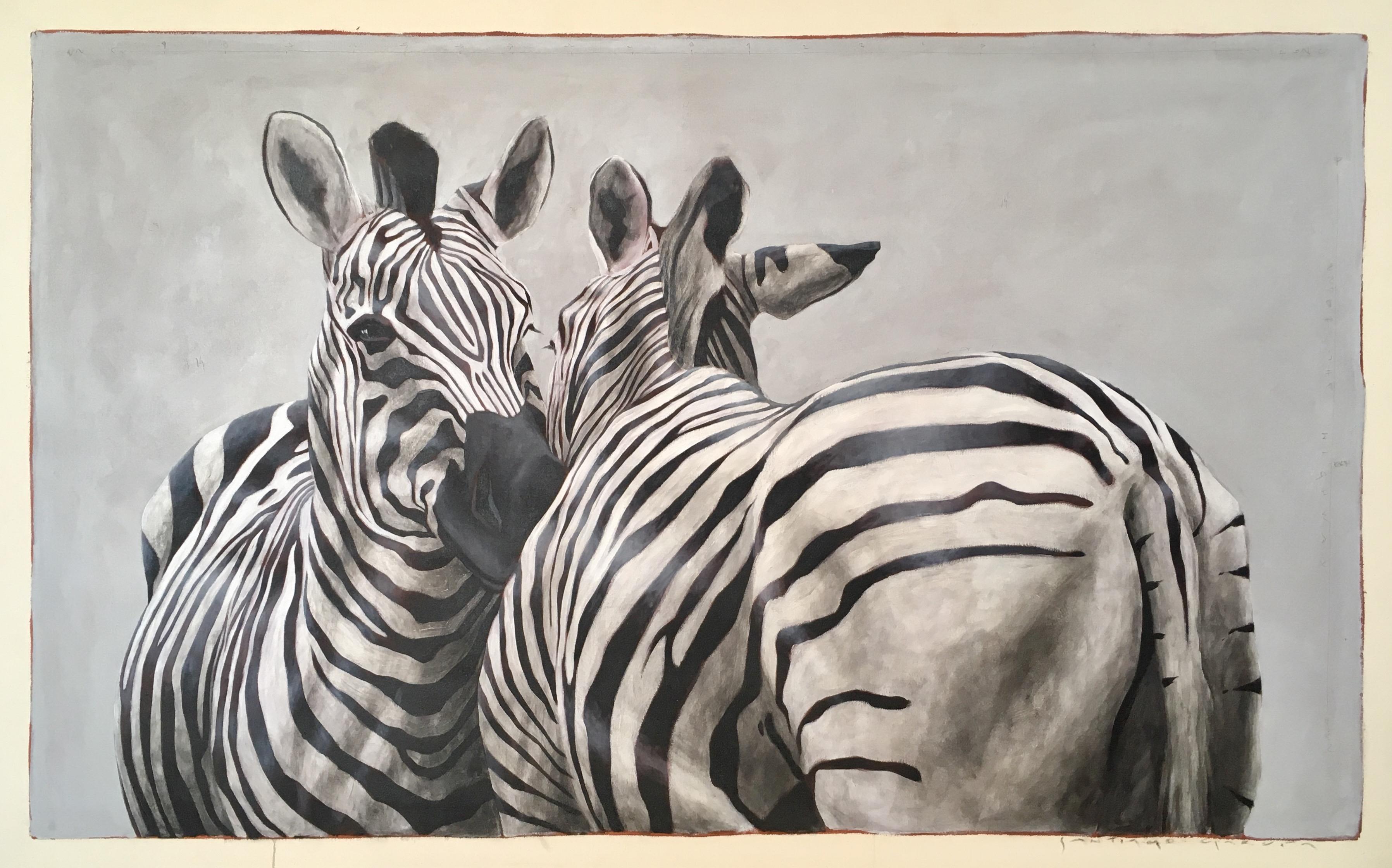 "Andante #101" black and white oil painting of two black, white zebras nuzzling