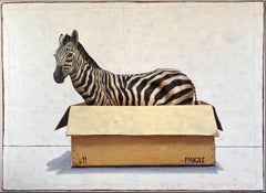 "Andante #1872" acrylic painting of a zebra in a cardboard box, neutral palette