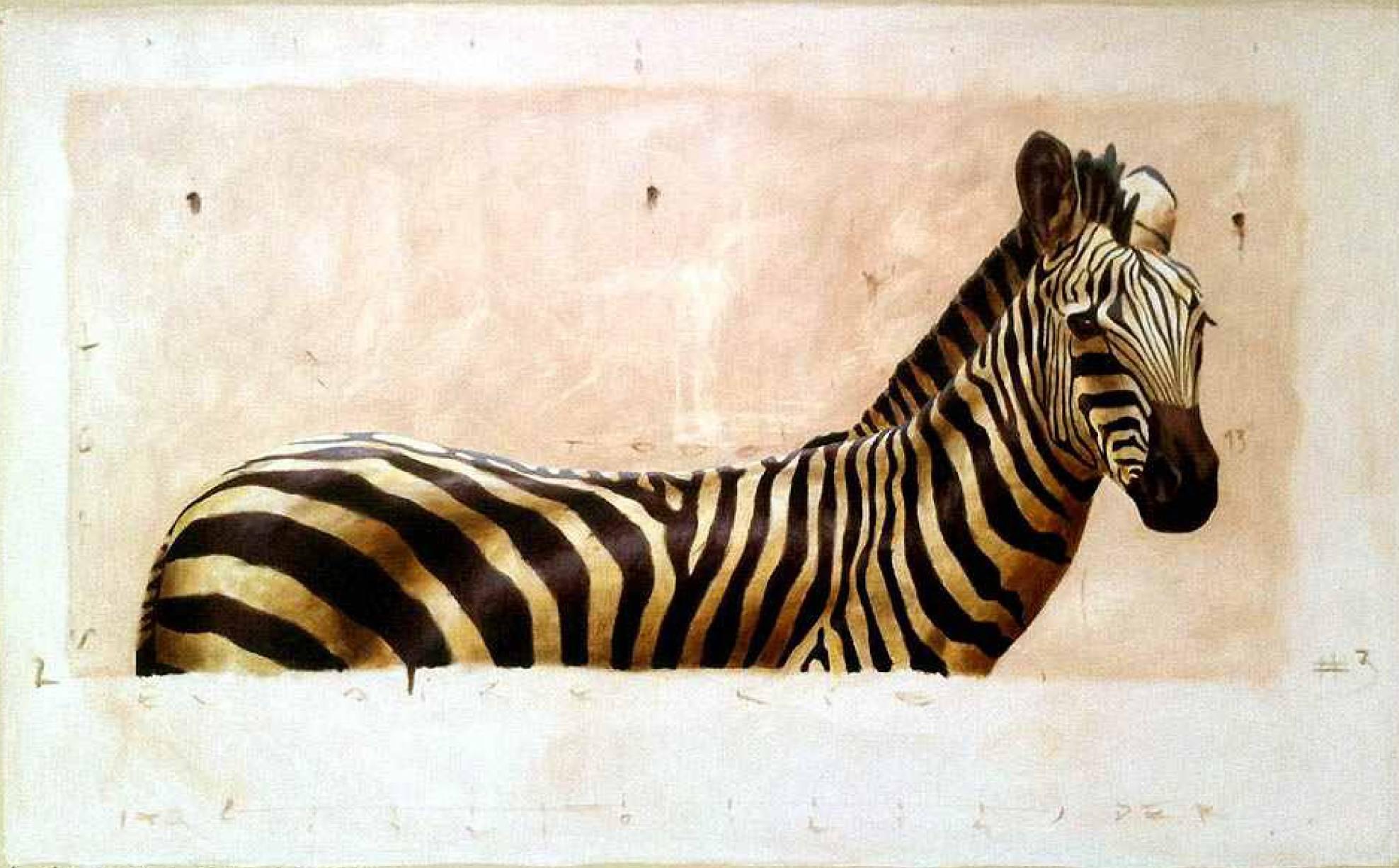 Santiago Garcia Animal Painting - "Andante #3" oil painting of Zebra in Neutral Colors with exposed canvas