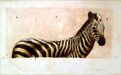 "Andante #3" oil painting of Zebra in Neutral Colors with exposed canvas