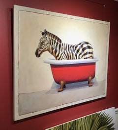 "Andante #678" oil painting of a black and white zebra in red clawfoot bathtub
