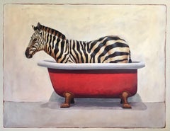 "Andante #678" oil painting of a black and white zebra in red clawfoot bathtub