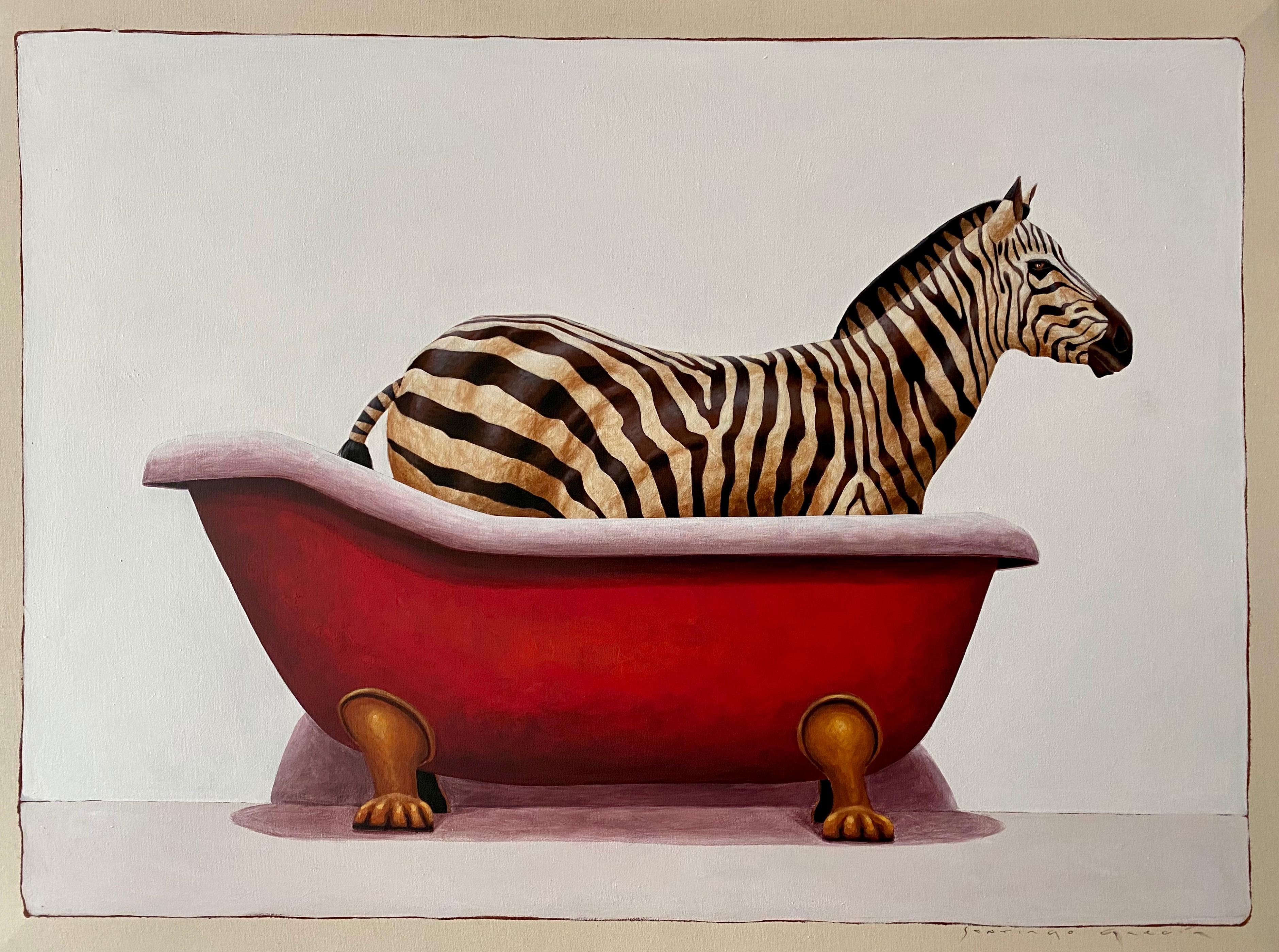 Santiago Garcia Animal Painting - "Andante #735" oil painting of a zebra in a red clawfoot bath tub