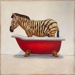 "Andante n° 847" Peinture photoréaliste à l'acrylique et à l'huile d'un zèbre dans une baignoire rouge