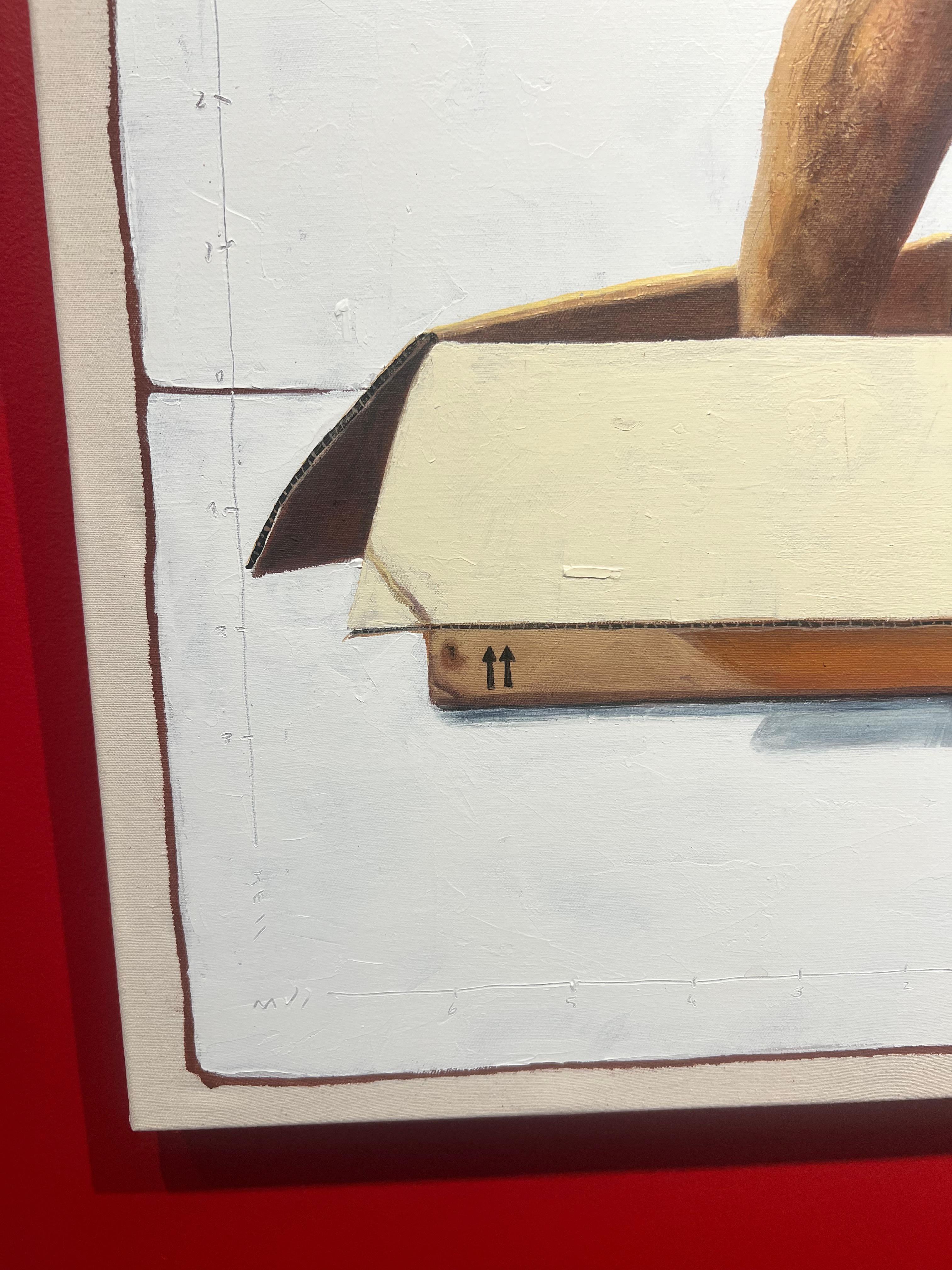 „Andante #917“ Gemälde eines kleinen Elefanten, der in einer Kartonschachtel steht 2